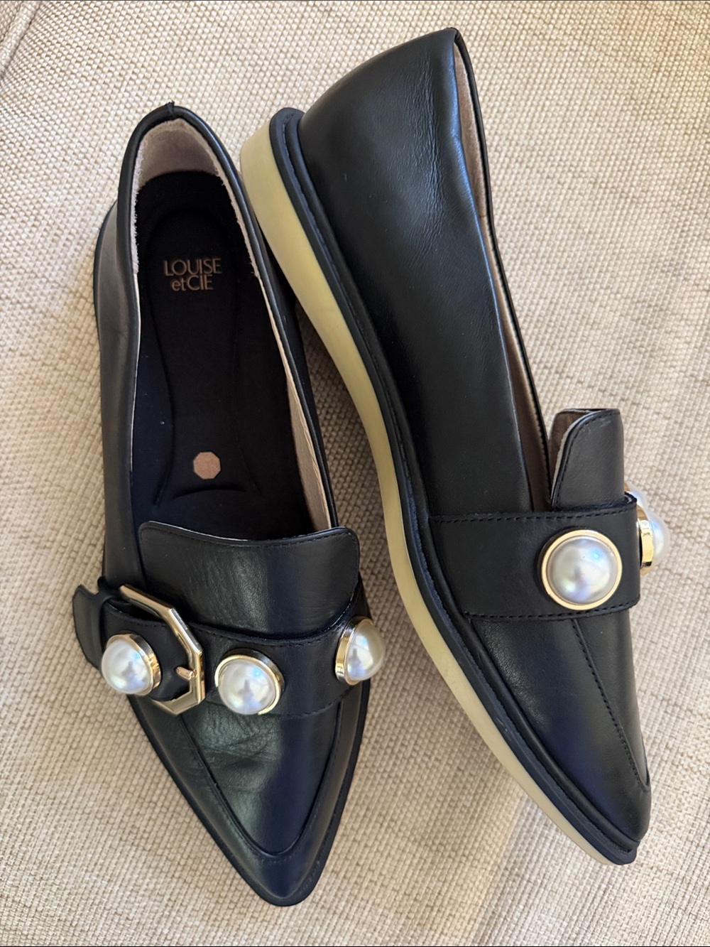 Louise et Cie Lo-Calder Black Leather Pearl Embellished Loafers Size 6.5